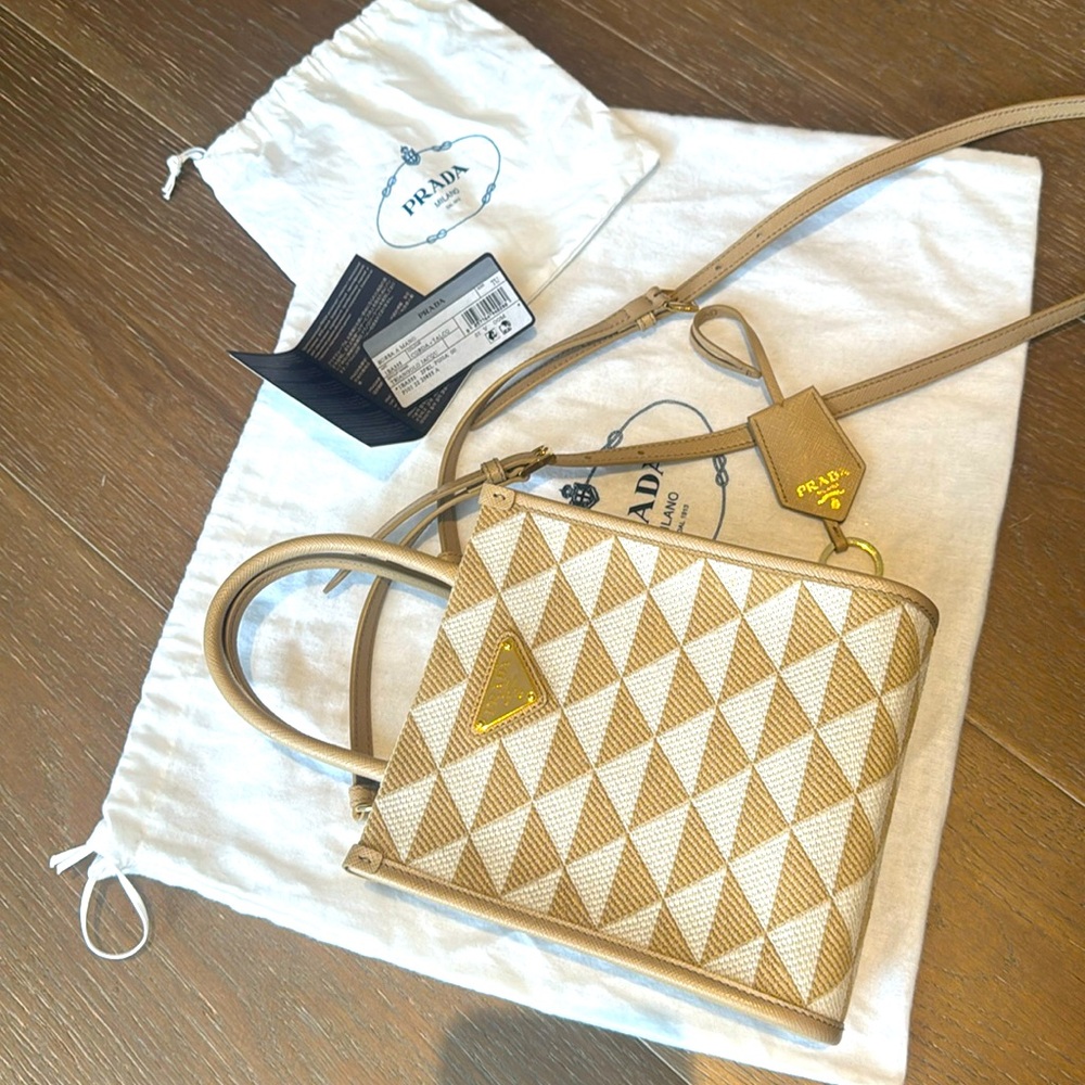 PRADA beige TRIANGOLO JACQUARD Triangle Jacquard Mini Tote Bag w strap NEW